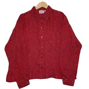 Chico’s Design Red Burnout Leaf Blouse Women’s L – Vintage 90s Semi Sheer Button